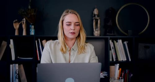 Portrait of Beautiful Happy Young Blonde Blogger Woman Using Laptop to Write From Home Inspiration