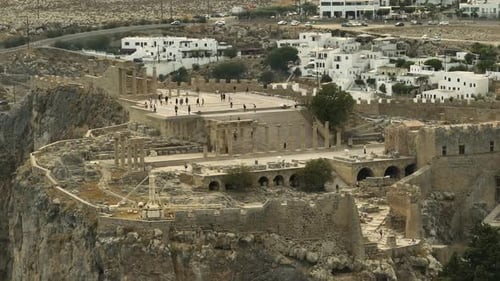 Acropolis of Lindos town and white houses in Rhodes island Greece