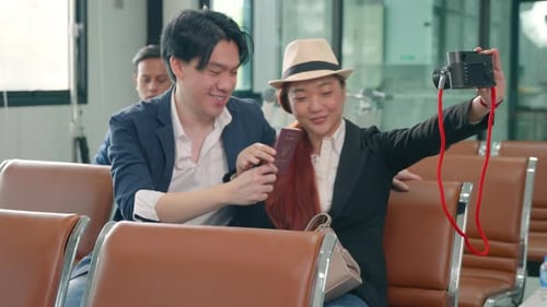 Happy Couple Taking Selfie Before Travel