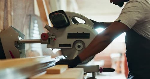 Man, circular saw and timber for construction, building or project for material, craft or supplies