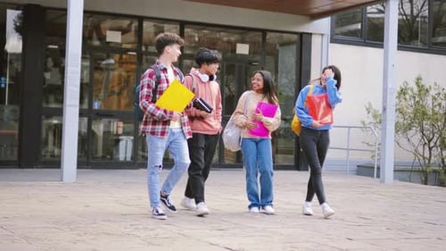 Multiethnic Young Group of Teenage Students Walking and Talking About the Class in the University