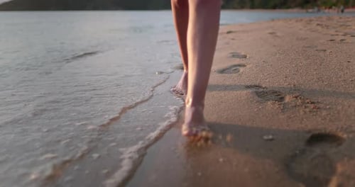 Barefoot Legs Walking Sea Shore Waves Summer Day