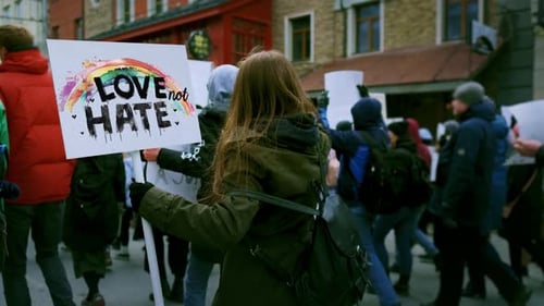 Lesbian Crowd Protesting Sity Street Lgbt Pride Demonstration Banners Lgbtq