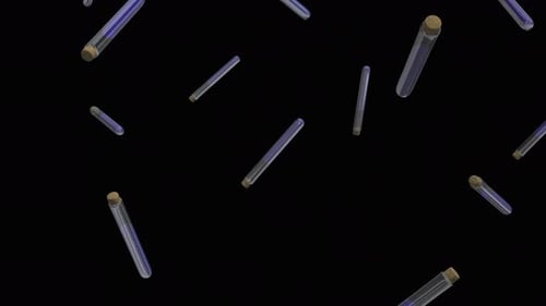 Falling glass test tubes over alpha channel. Rain of test tubes. Test tubes background.