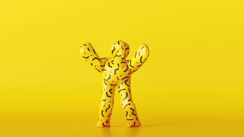 Personnage de dessin animé 3D portant un costume gonflable et dansant sur fond jaune