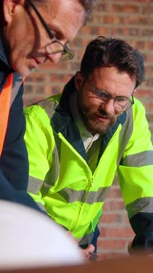 Men, meeting or construction planning with architect on site for project or building development