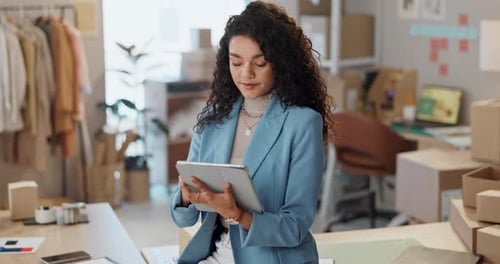 Entrepreneur, small business or tablet for fashion startup, e commerce cargo or inventory in shop