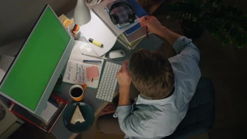 Anonymous Freelancer Working Home Top View. Ginger Man Writing Notes at Mockup