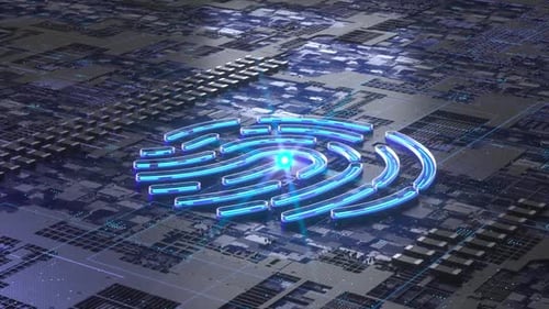 abstrakte Hologramm-Gebäude mit nahtloser Schleife im modernen 3D-Matrix- und Pixelstil.