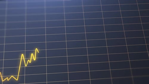 Golden line chart graph showing fluctuactions with magnifying glass and golden grid. Growth analysis