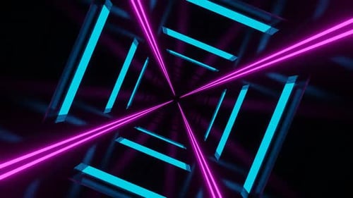 Cyan And Pink Neon Glowing Glossed Square Tunnel Background Vj Loop In HD