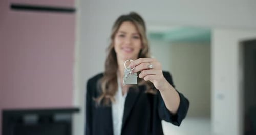 Blonde Real Estate Agent's Confident Radiates Proudly Exhibits Contract Plan Her Outstretched Hand