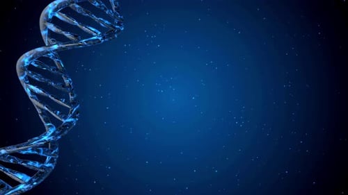 Abstract Blue DNA Helix Rotating on Scientific Particle Background