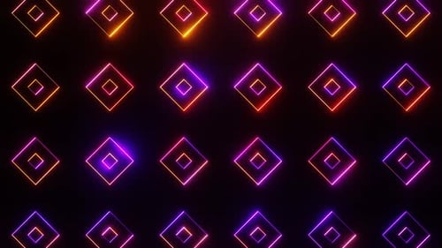 Orange And Purple On Black Abstract Neon Glowing Square Patterns Background Vj Loop Animation In HD