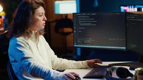 Cybersecurity Expert Looking Confused at Code on Computer Screen