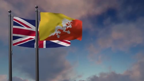 Drapeau du Bhoutan agitant avec le drapeau national du Royaume-Uni - 4K