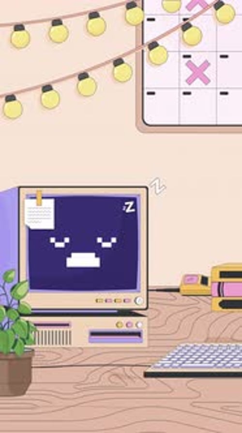 Cozy workspace desk with retro computer lofi vertical animation