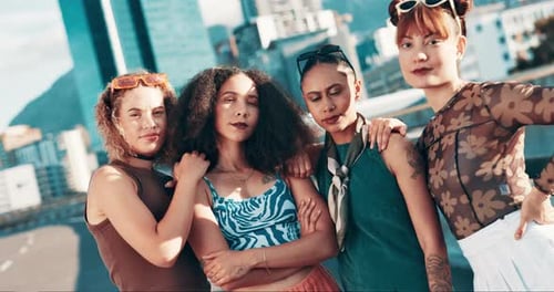 Fashion, empowerment and woman friends in city together for girl power, support or trendy style