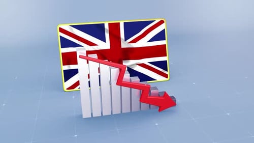 United Kingdom Flag with Graph and Red Arrow Decreasing Values