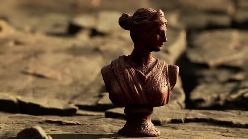Alte Statue einer Frau auf felsigen Steinen