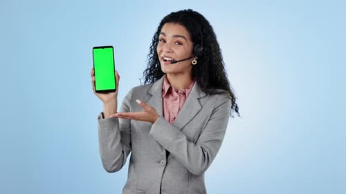 Woman, call center and phone green screen for contact us, join us or telemarketing mockup on blue