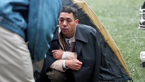 Poverty, begging and man in tent with handshake for asking for donation, money and charity in park