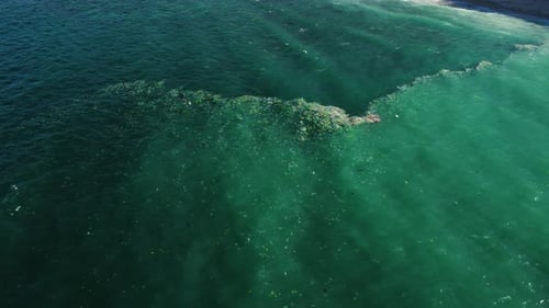 Aerial view of wild ocean water pollution foam rubbish plastic toxic metals manufactured chemicals p