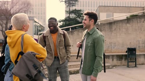 Group of Multiracial University Student Friends Talking on College Campus