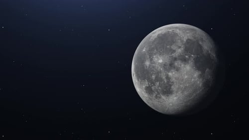 Cinematic zoom in of Moon in Space with bright and dark areas on stars background.
