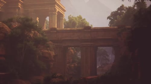 Ancient Ruins Emerge From Mist in a Tranquil Valley Surrounded By Mountains