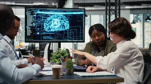 Team Discussing Artificial Intelligence Data in Office