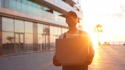 Moving Service Employees Man with a Box in His Hands on the Background of Sunset