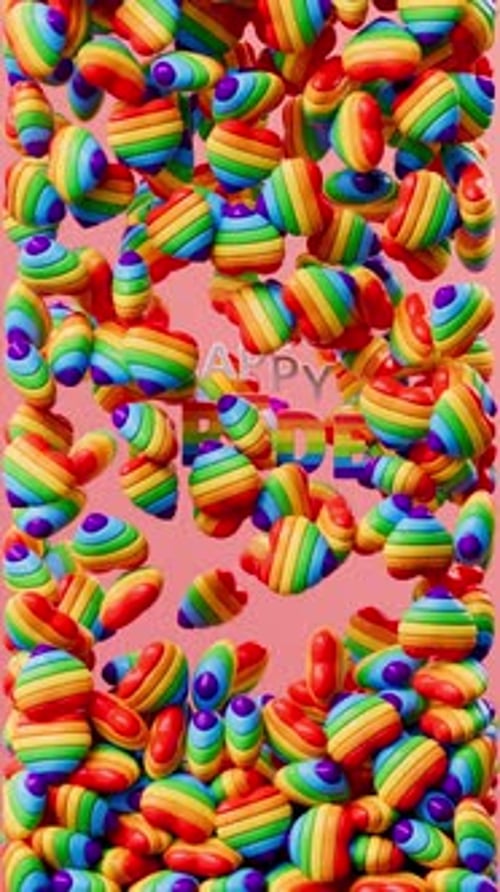 Happy Pride looping video for social media video with rainbow hearts falling and filling the screen