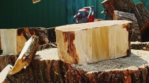 Closeup of a Worker Splitting a Large Log with an Axe Showing Fresh Wood Texture and Scattered