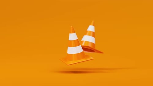 Par flotante de conos de tráfico naranjas sobre fondo naranja, advertencia de seguridad o en construcción