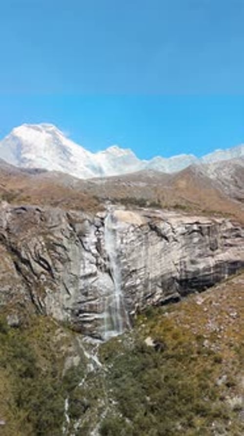 Aerial of Waterfall at Laguna Parón, Orbit