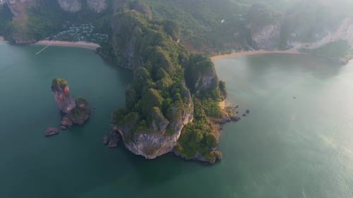 Top-down view of dramatic coastline and beaches in Krabi, Thailand