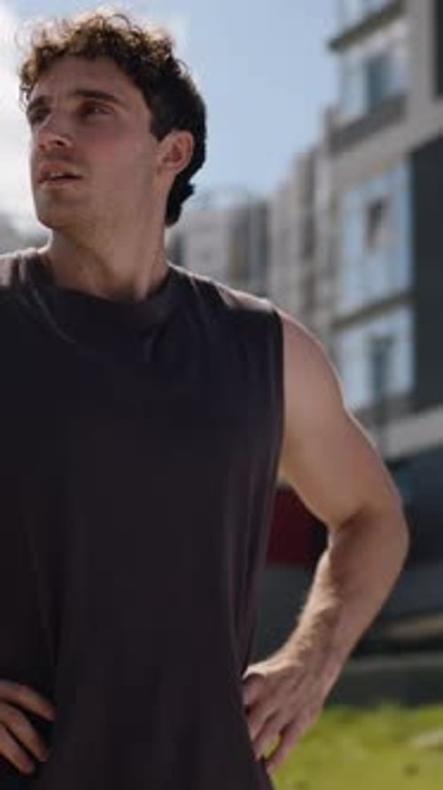 Strong Athletic Confident Caucasian Man Sport Guy Male Sportsman Smiling Standing in City Looking