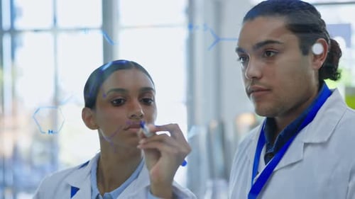 Science, teamwork and people writing chemistry formula on glass for medical research
