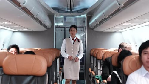 Stewardess Stands on Airplane Near Seated Passengers