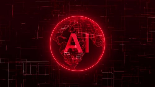 Red Neon AI Globe with Digital Circuit Background
