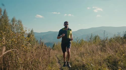 Sportive Fit Strong Healthy Caucasian Male Sportsman Man Runner Athlete Jogging Running Mountain
