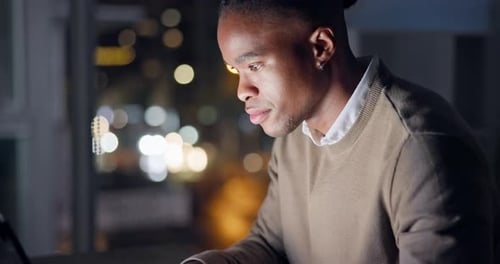 Office, computer and business black man at night for website, research and browse internet