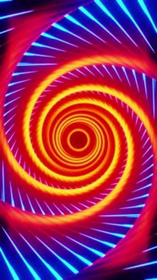 Tunnel in the form of an orange vortex with blue stripes. Looped animation