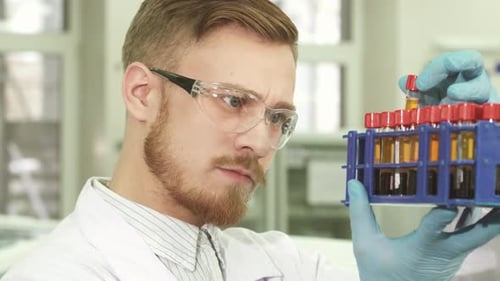 Man Examines Test Tubes in Lab