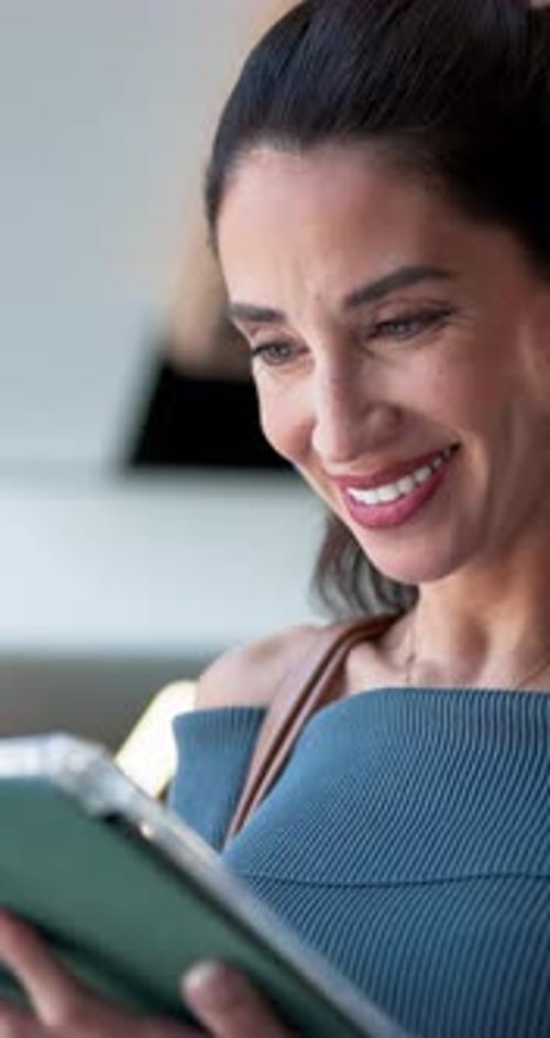 Smile, business and woman with tablet in office for research, email editor and story approval