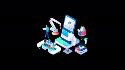 Modern technology illustration with diverse professionals working.