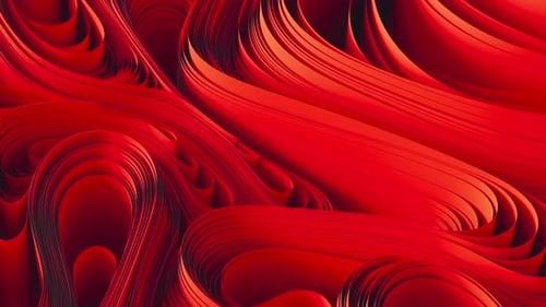 Rote Stoffschichten, die sich verziehen, abstrakte Stoffdrehung, Bewegung, 3D-Renderanimation