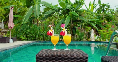 Ein paar Gläser mit kalten Orangensaft-Cocktails auf blauem Wasser, Schwimmbad, grünen Palmen