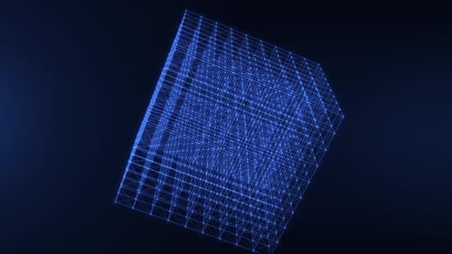 Digital futuristic blue background with a rotating cube made of lines and plexus dots. technologies